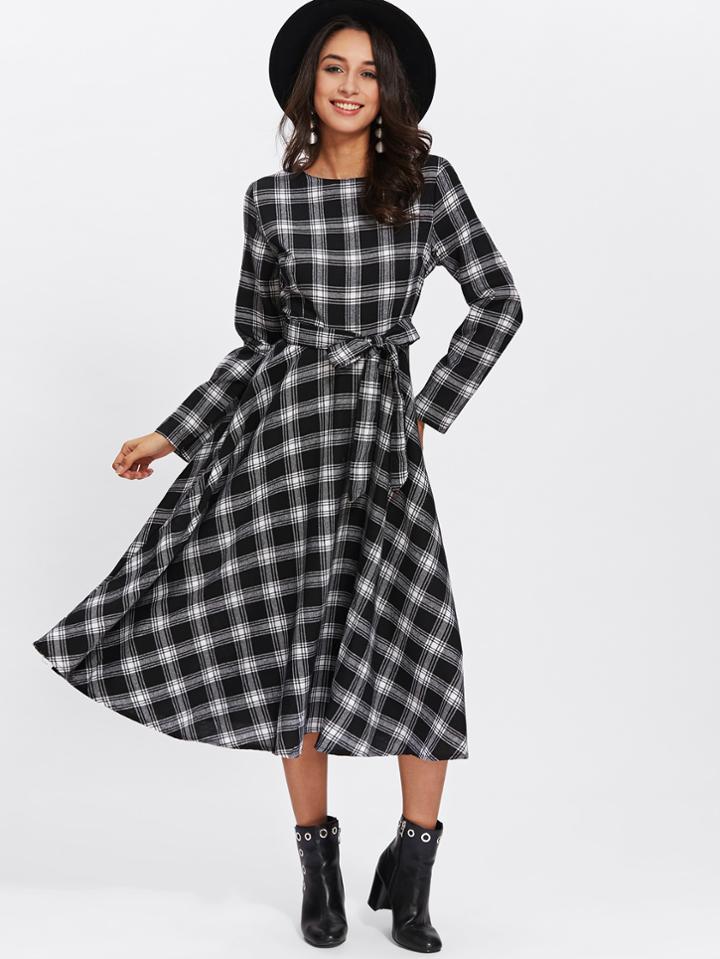 Shein Checked Self Tie Waist Dress