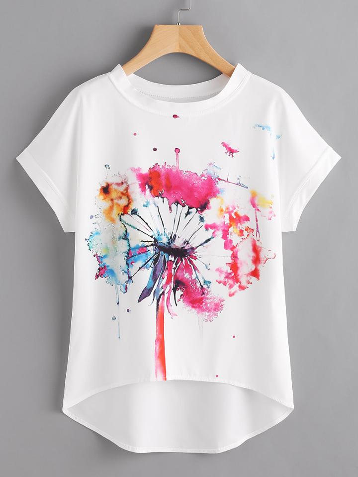 Shein Watercolor Painting Print Dip Hem Chiffon Top