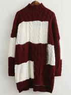 Shein Red White High Neck Cable-knit Loose Sweater