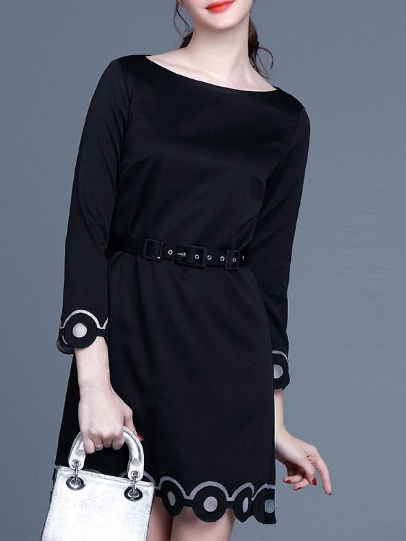 Shein Black Contrast Gauze Belted Scallop Dress