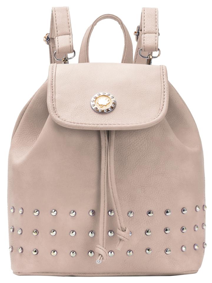 Shein Metal Plate Embellished Flap Studded Backpack - Beige