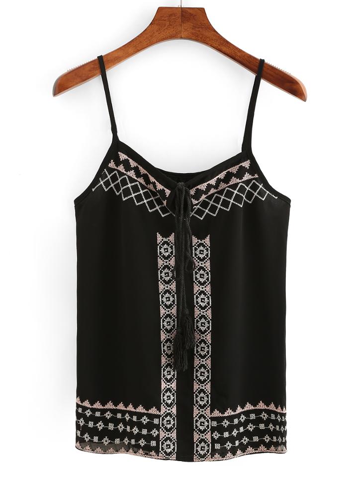 Shein Embroidery Tie-neck Cami Top - Black