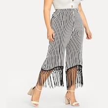 Shein Plus Vertical Stripe Tassel Hem Pants