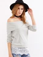 Shein Ribbed Knit Foldover Off The Shoulder Lace Trim Sweatshirt