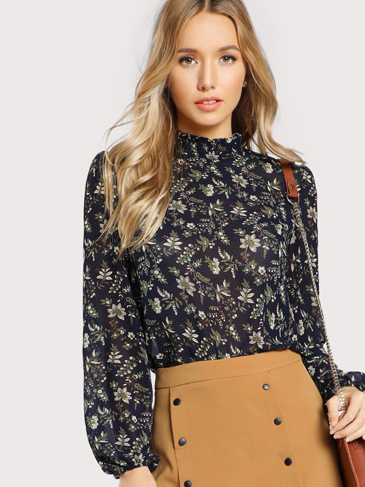 Shein Buttoned Keyhole Back Bishop Sleeve Floral Blouse