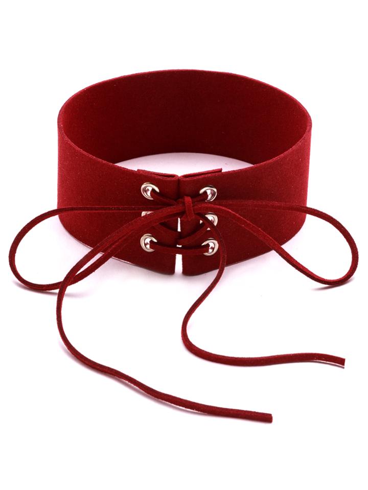 Shein Red Lace Up Wide Choker Necklace