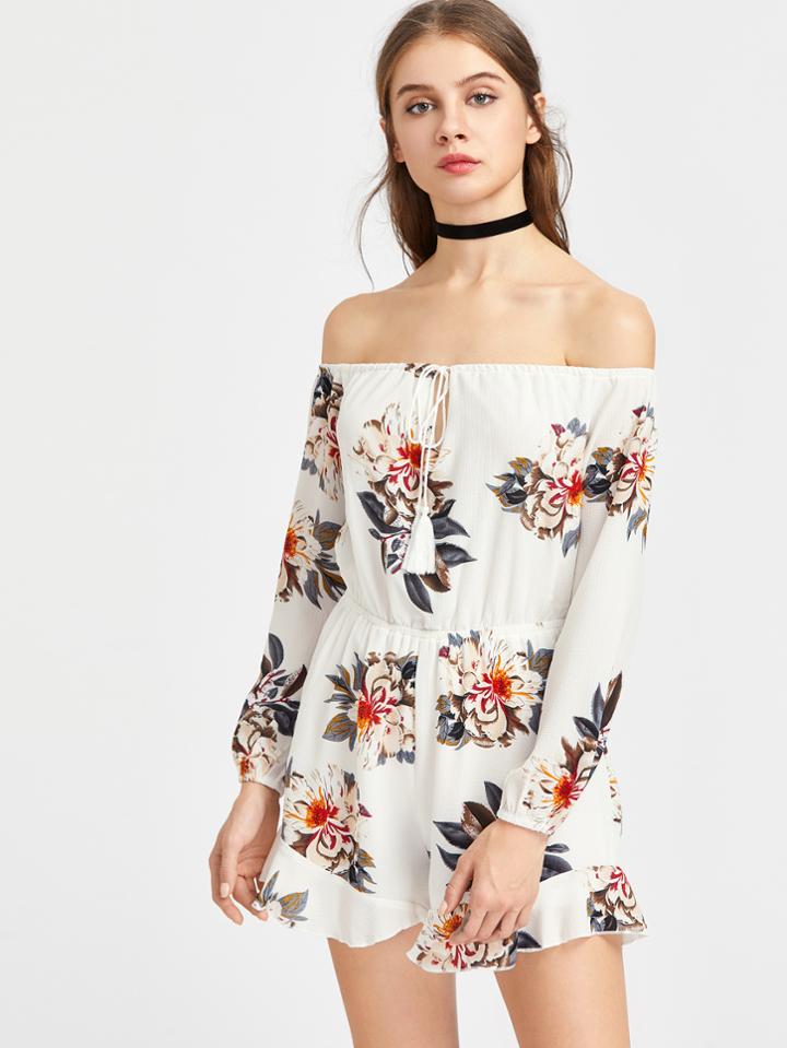 Shein Flower Print Bardot Neckline Tie Front Romper