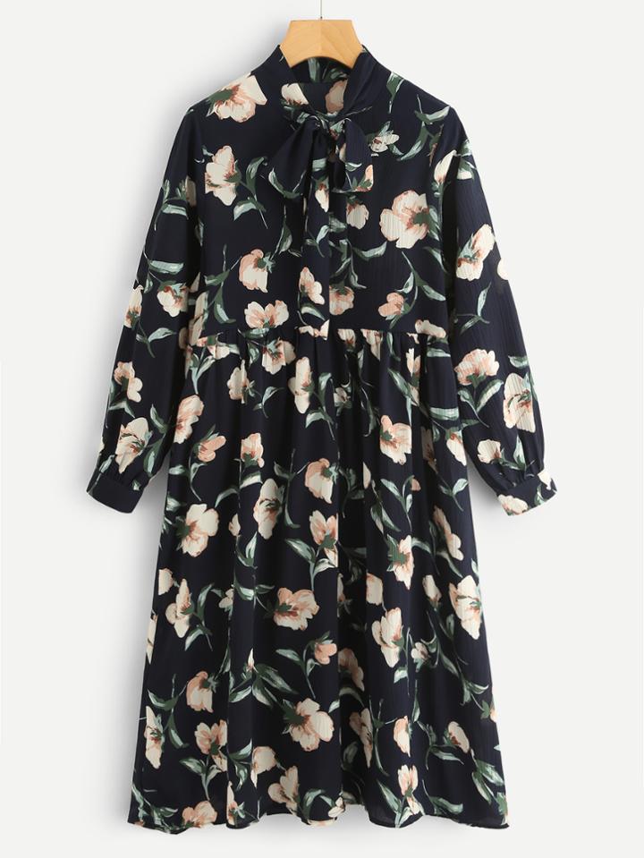 Shein All Over Botanical Print Bow Tie Neck Dress