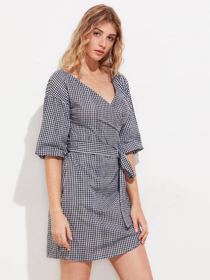 Shein Gingham V-neckline Drop Shoulder Overlap Dress