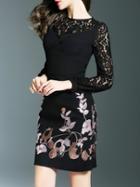 Shein Black Flowers Embroidered Contrast Lace Dress