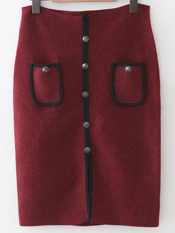 Shein Burgundy Front Pocket Button Up Slit Bodycon Skirt