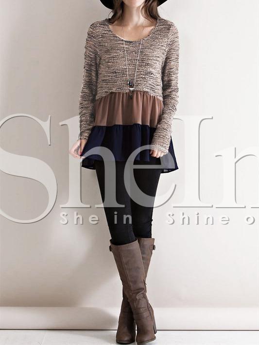 Shein Brown Contrast Flounce Blouse