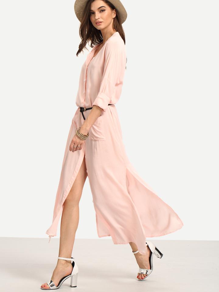 Shein Dual Pocket Collarless Slit Long Blouse