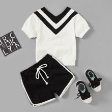 Shein Girls Stripe Panel V Neckline Tee With Shorts