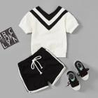 Shein Girls Stripe Panel V Neckline Tee With Shorts