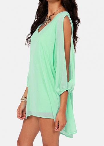 Rosewe Chic V Neck Long Sleeve Green Chiffon Dress