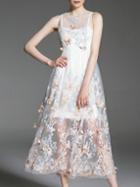 Shein White Pink Gauze Butterfly Applique Dress