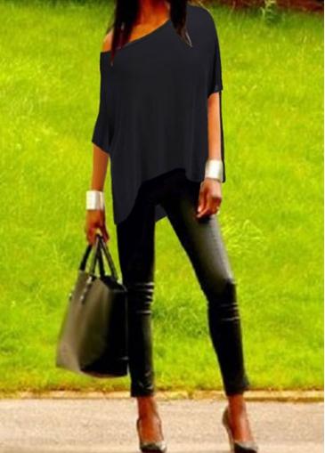 Rosewe Boat Neck Solid Black Asymmetric T Shirt