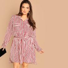 Shein Plus Pocket Front Belted Striped Shirt Dress