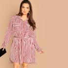 Shein Plus Pocket Front Belted Striped Shirt Dress