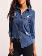 Shein Blue Long Sleeve Ripped Denim Blouse