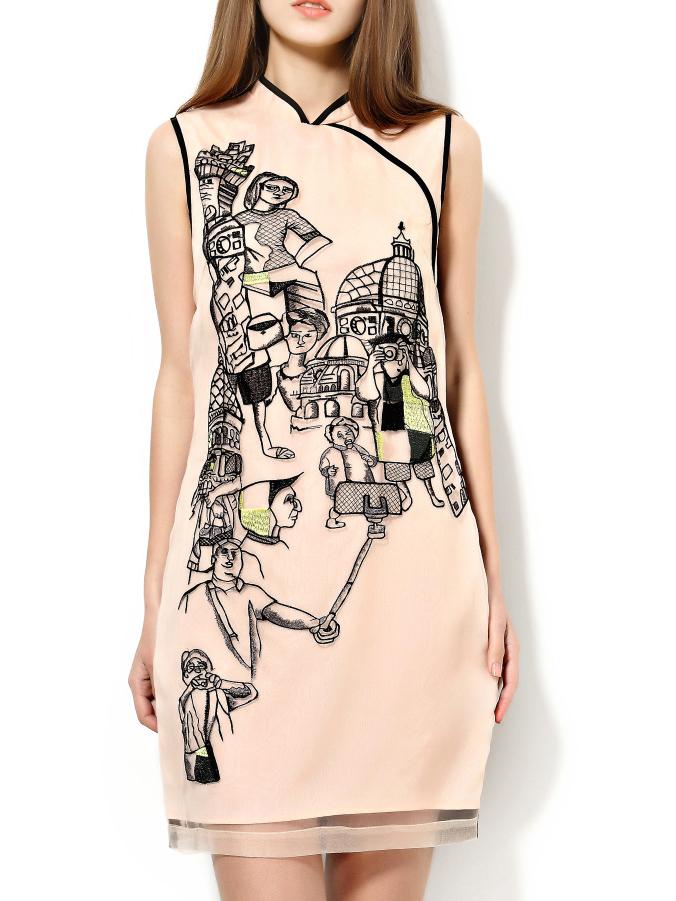 Shein Apricot Color Block Organza Embroidered Dress