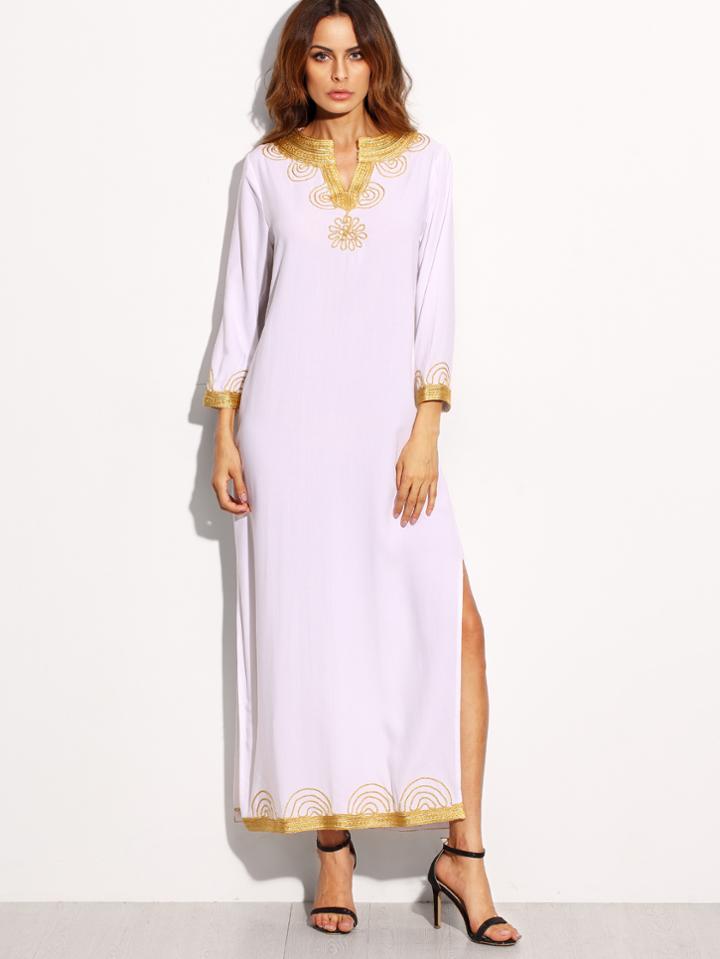 Shein White V Neck Embroidered Tape Detail Split Long Dress