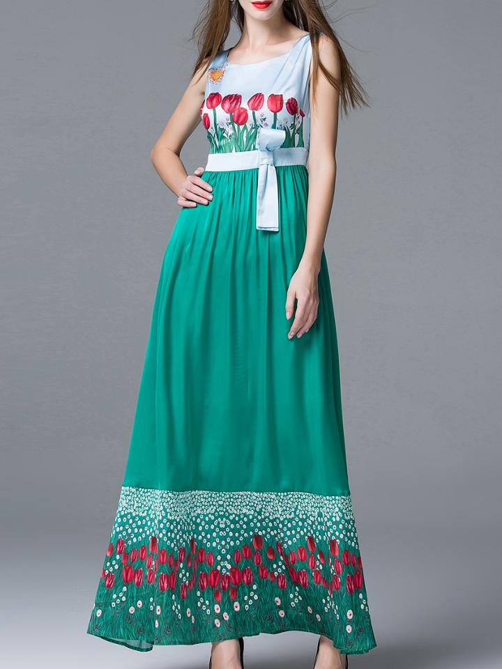 Shein Green Crew Neck Bow Maxi Dress
