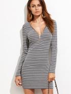Shein Grey Striped Zip Neckline Ribbed Bodycon Dress