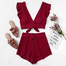 Shein Plunging Neck Knot Hem Top And Button Detail Shorts Set