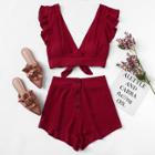 Shein Plunging Neck Knot Hem Top And Button Detail Shorts Set