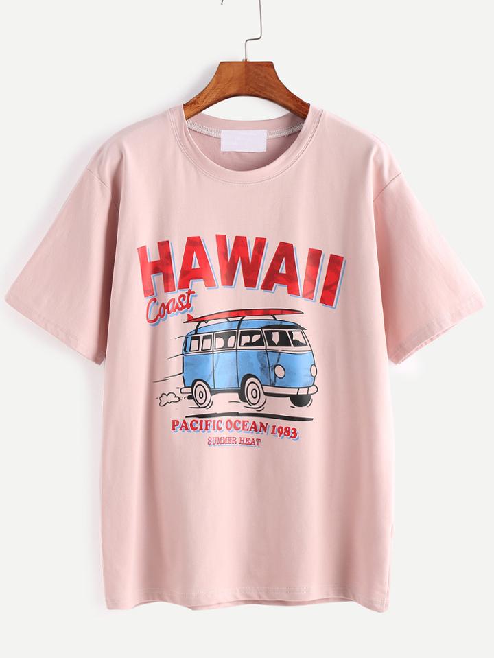 Shein Pink Letter And Cartoon Print T-shirt