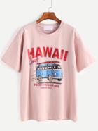 Shein Pink Letter And Cartoon Print T-shirt