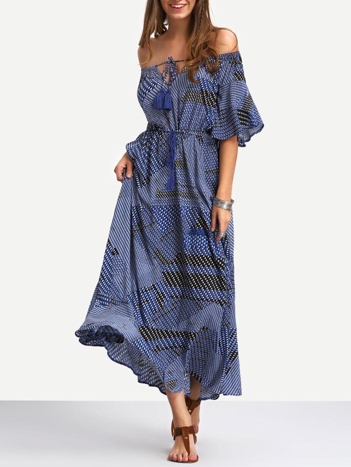 Shein Off The Shoulder Tie-waist Ruffle Hem Maxi Dress