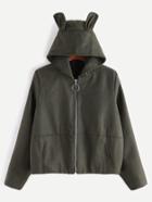 Shein Army Green Rabbit Ear Hooded Pocket Zipper Coat