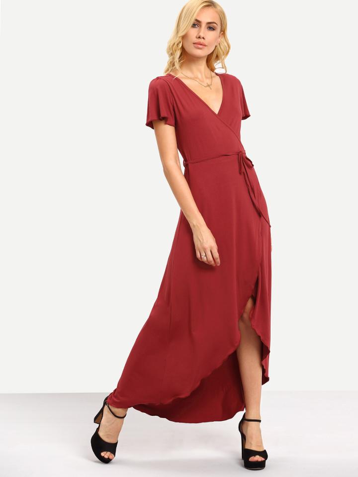 Shein Red Short Sleeve Tie Waist Dip Hem Dress