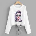 Shein Drop Shoulder Graphic Front Knot Hem Sweater