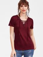 Shein Burgundy V Neck Lace Up T-shirt