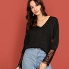 Shein V Neck Lace Cuff Solid Tee