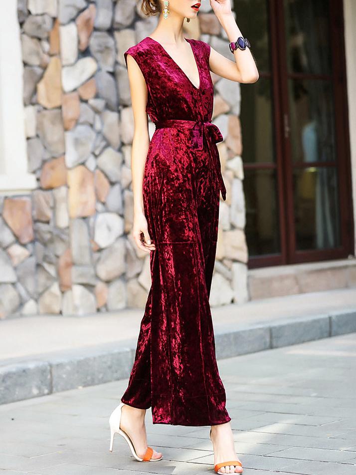 Shein Burgundy V Neck Velvet Tie-waist Jumpsuits