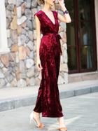Shein Burgundy V Neck Velvet Tie-waist Jumpsuits