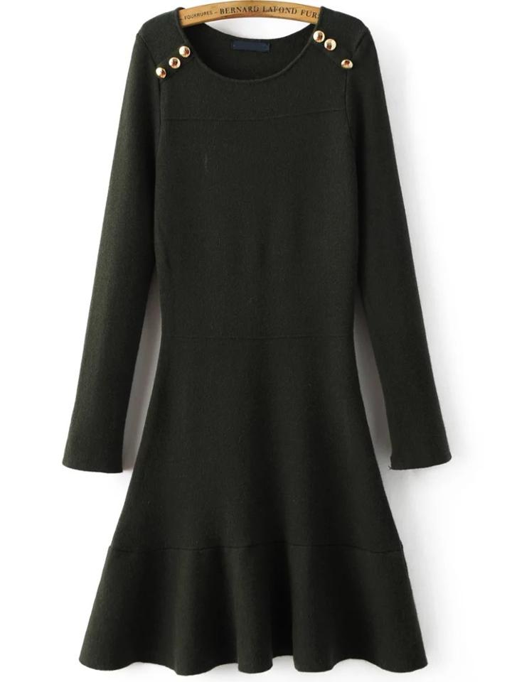 Shein Army Green Button Detail A Line Dress