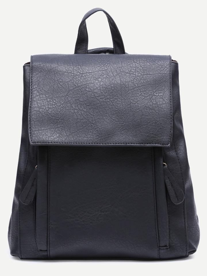 Shein Black Pu Front Zipper Flap Backpack