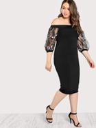 Shein Bardot Pencil Dress With Embroidered Mesh Sleeve