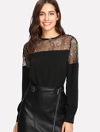 Shein Embroidered Mesh Panel Blouse