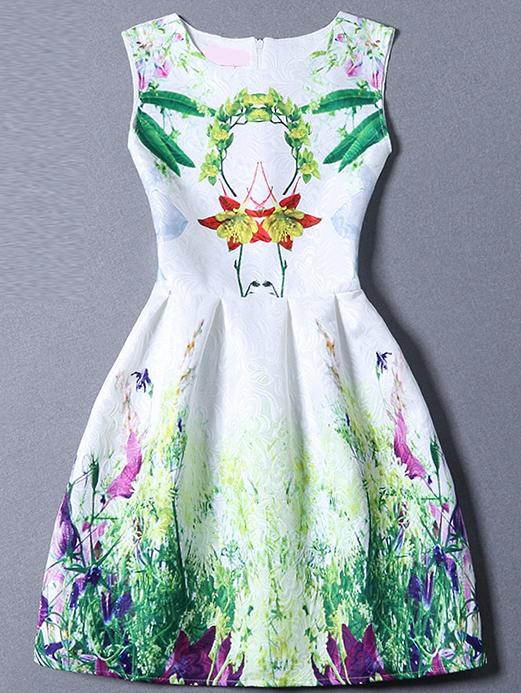 Shein Multicolor Sleeveless Leaves Print Flare Dress
