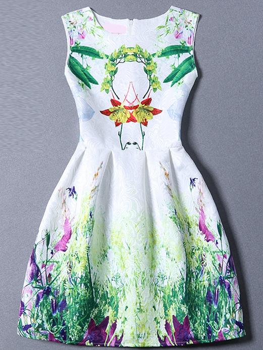 Shein Multicolor Sleeveless Leaves Print Flare Dress