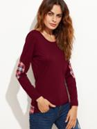 Shein Burgundy Contrast Plaid Hem High Low T-shirt