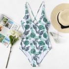 Shein Cross Open Back Tropical Print Swimsuit
