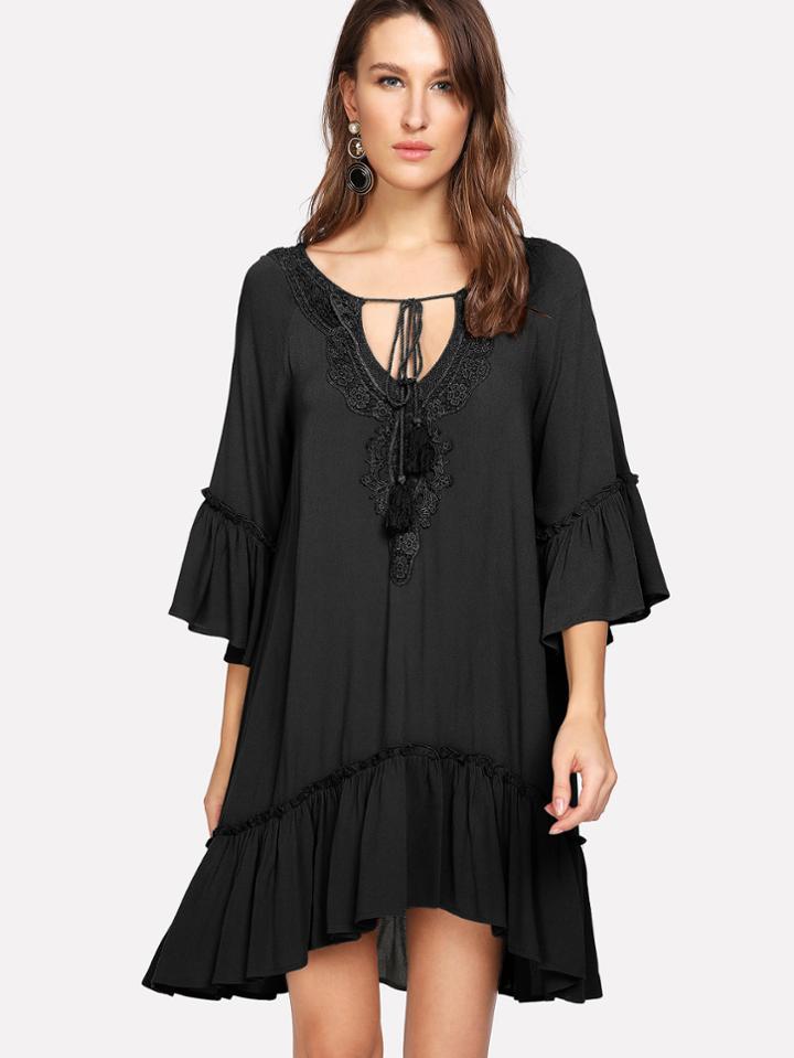 Shein Crochet Trim Tassel Tie Neck Smock Dress